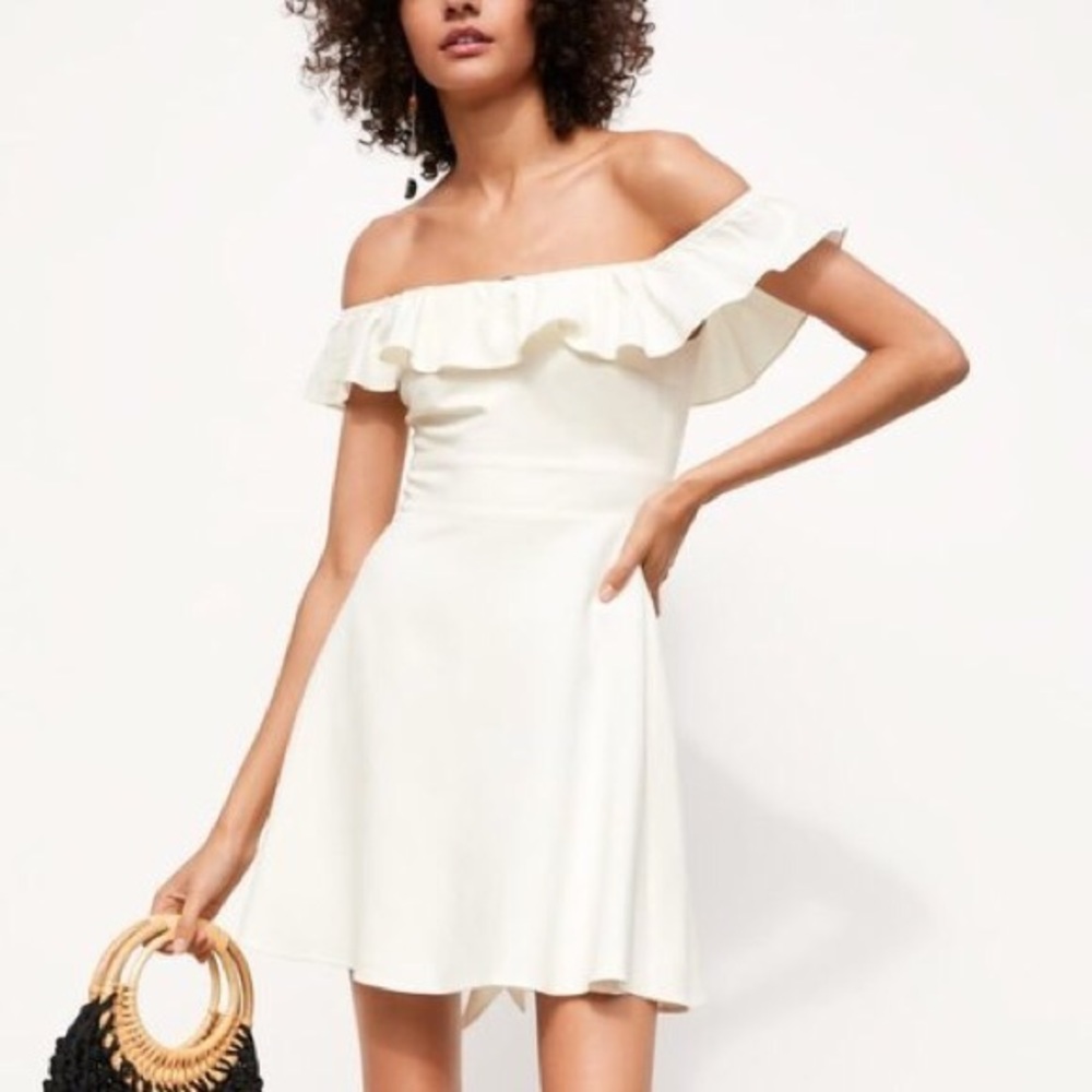 Zara White A Line Off Shoulder Ruffled Dress